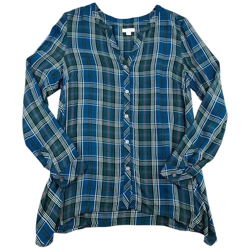 J. Jill Plaid Rayon Button Front Tunic Blouse Blue Green Tartan Size S